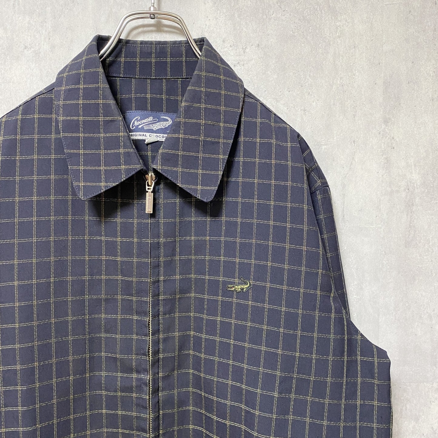 古着 used　CROCODILE 　長袖ワンポイントロゴ刺繍ブルゾン　チェック柄　黒　ブラック　ワニ　Lサイズ　