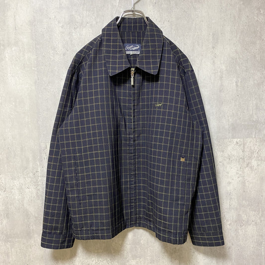 古着 used　CROCODILE 　長袖ワンポイントロゴ刺繍ブルゾン　チェック柄　黒　ブラック　ワニ　Lサイズ　