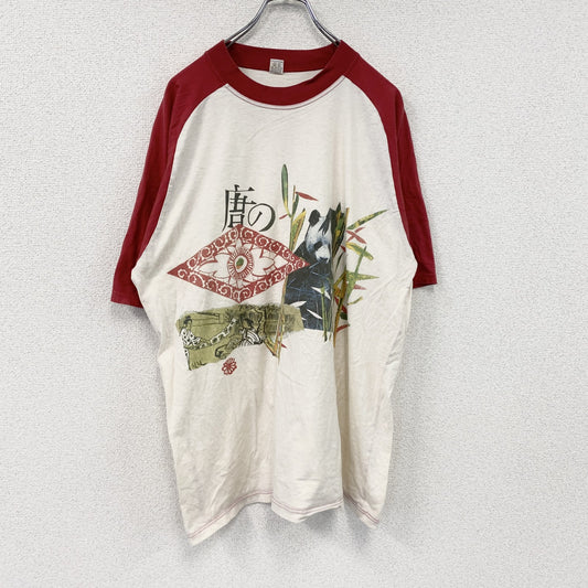 ～00s　CALIDA　半袖プリントTシャツ　ラグランスリーブ　ユーロヴィンテージ　白　ホワイト　赤　レッド　Lサイズ