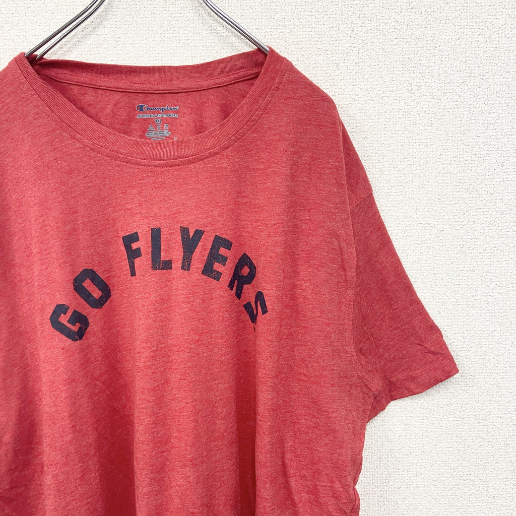 古着　used　champion　チャンピオン　半袖プリントTシャツ　GO　FLYERS　クルーネック　赤　レトロ　2XLサイズ