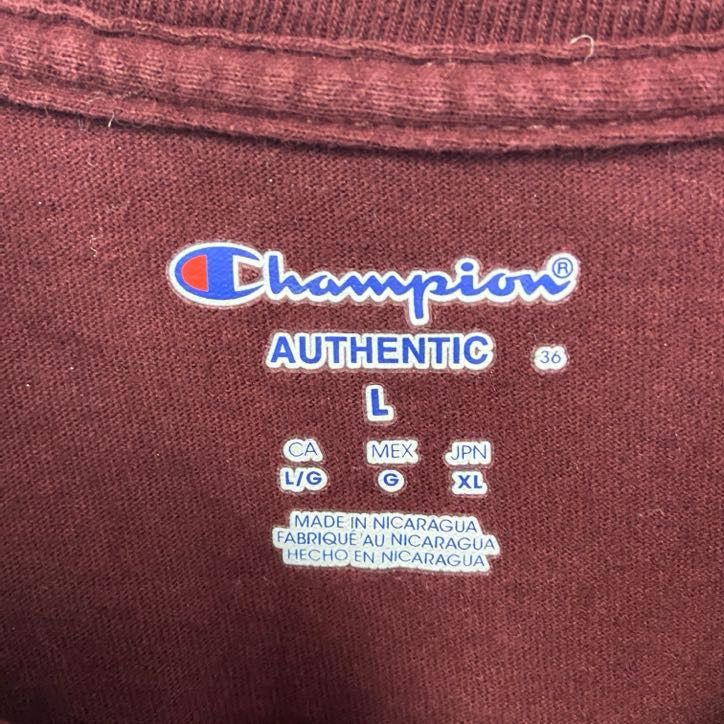 古着　used　champion　チャンピオン　半袖カレッジプリントTシャツ　ロアノーク大学　クルーネック　赤　レトロ　Lサイズ