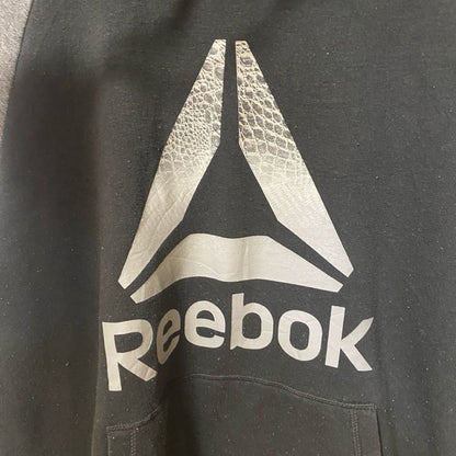 古着 used　Reebok リーボック　長袖ビッグロゴデザインパーカー　フーディー　バイカラー　黒　グレー　XＬサイズ