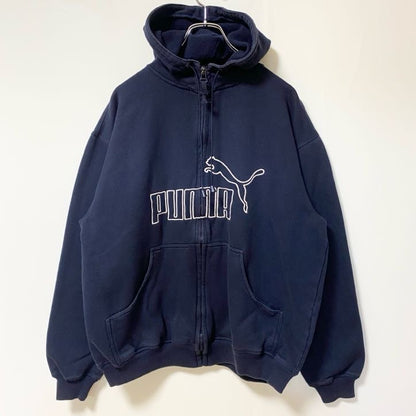 古着 used　PUMA プーマ　長袖フルジップロゴデザインパーカー　スウェットフーディ　ネイビー　前ポケット　Lサイズ