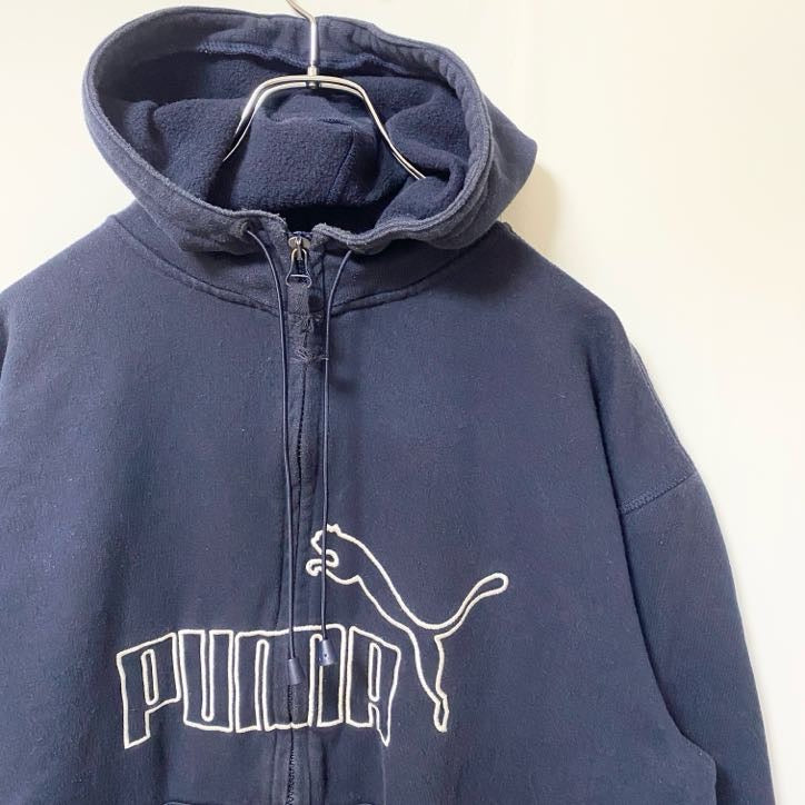 古着 used　PUMA プーマ　長袖フルジップロゴデザインパーカー　スウェットフーディ　ネイビー　前ポケット　Lサイズ