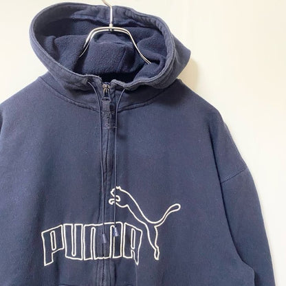 古着 used　PUMA プーマ　長袖フルジップロゴデザインパーカー　スウェットフーディ　ネイビー　前ポケット　Lサイズ