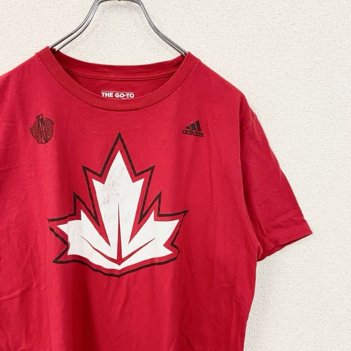 古着 used　adidas アディダス　半袖プリントTシャツ　NHL　ホッケー　カナダ　ワンポイントロゴ　赤　レッド　Lサイズ
