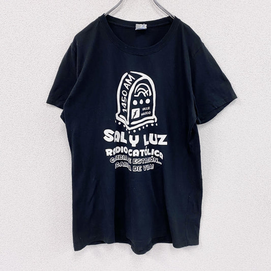 PORT&COMPANY　半袖プリント企業Tシャツ　キリスト教　ラジオ　5連プリント　英字プリント　黒　ブラック　XLサイズ