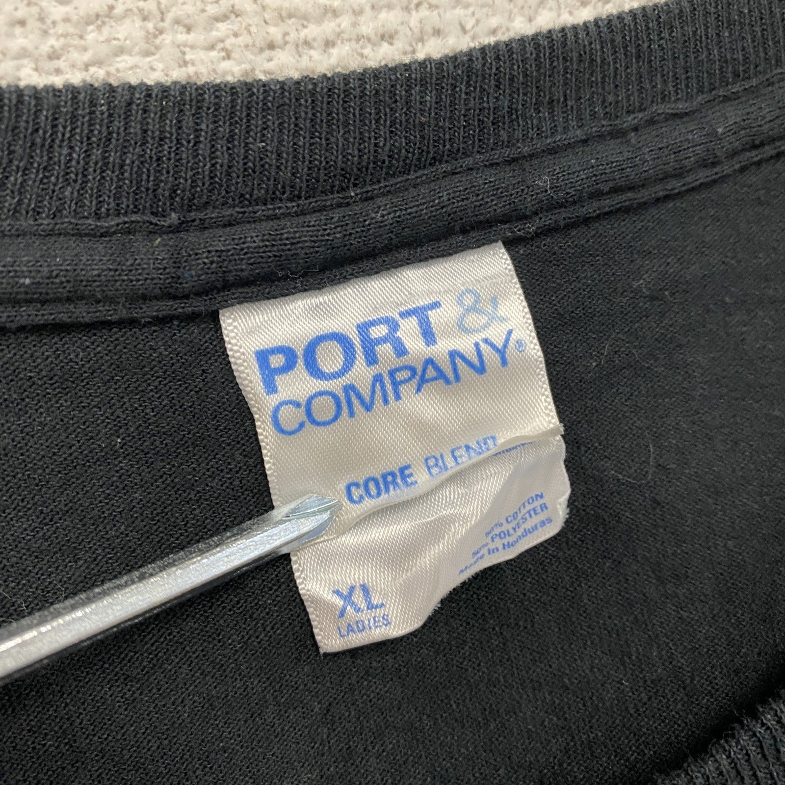 PORT&COMPANY　半袖プリント企業Tシャツ　キリスト教　ラジオ　5連プリント　英字プリント　黒　ブラック　XLサイズ