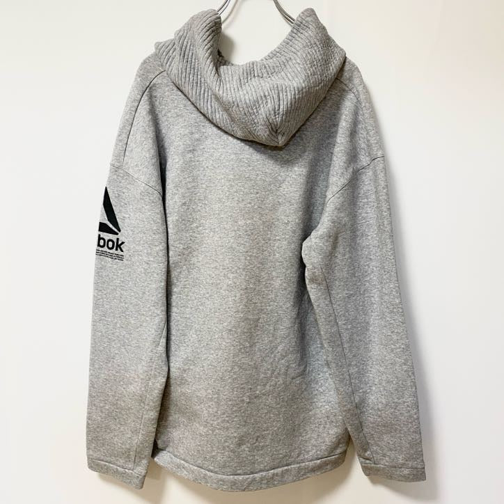 古着 used　Reebok リーボック　長袖横リブパーカー　フーディー　裏起毛　シンプルデザイン　グレー　Ｌサイズ