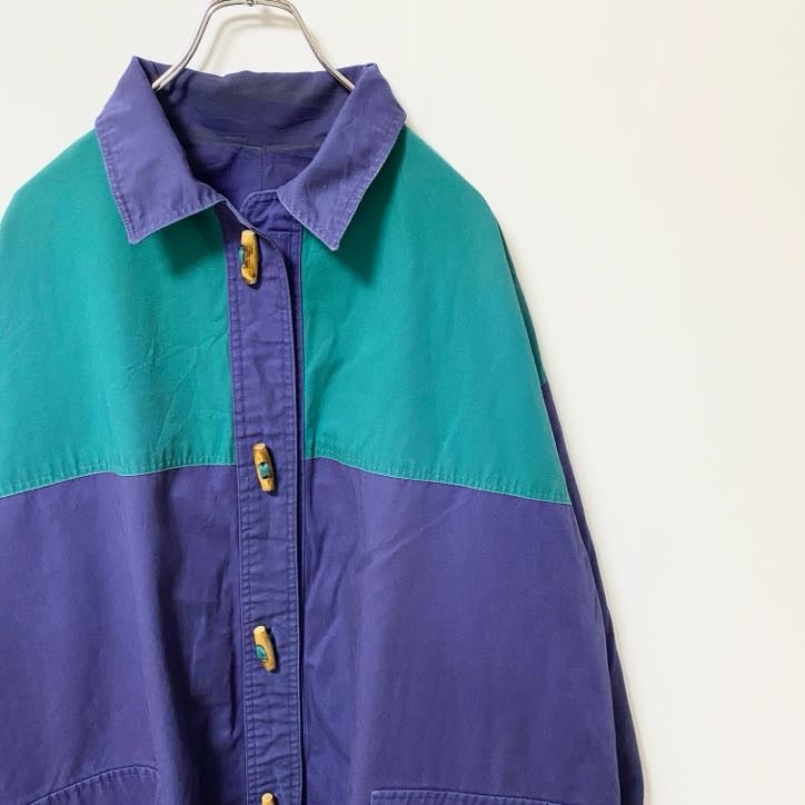 古着 used　長袖ビックシルエットジャンパー　アウター　バイカラー　グリーン　ネイビー　襟付き　秋冬服　　XXLサイズ