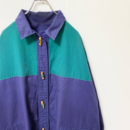 古着 used　長袖ビックシルエットジャンパー　アウター　バイカラー　グリーン　ネイビー　襟付き　秋冬服　　XXLサイズ