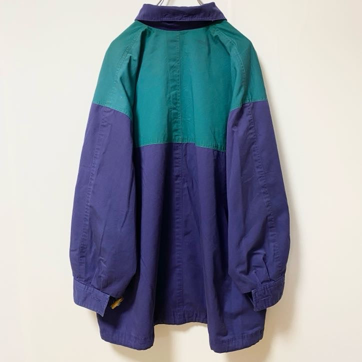 古着 used　長袖ビックシルエットジャンパー　アウター　バイカラー　グリーン　ネイビー　襟付き　秋冬服　　XXLサイズ
