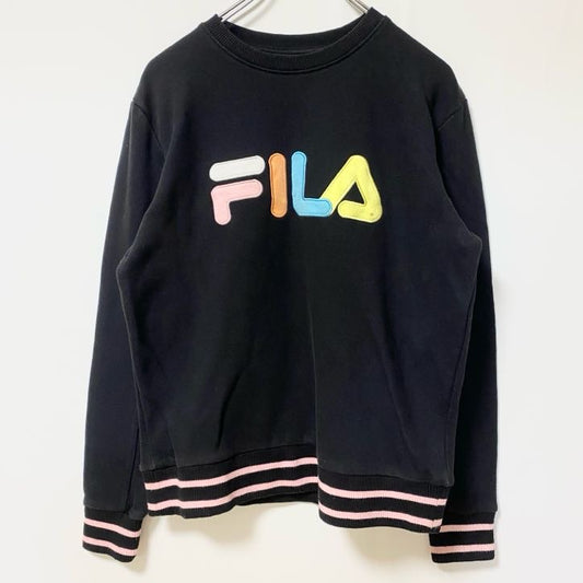 FILA　フィラ　スウェット/トレーナー　リブライン　デカロゴ　ワッペン　クルーネック　黒　ブラック　Sサイズ