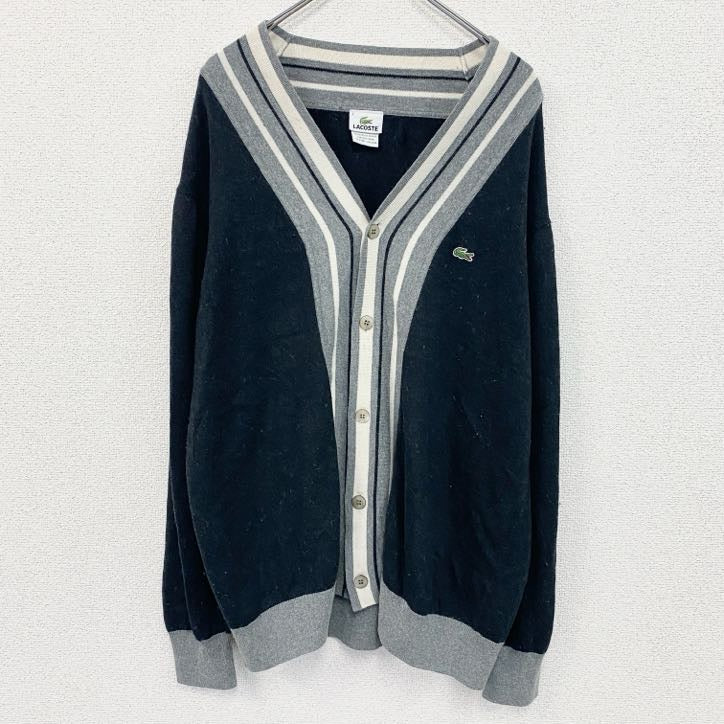 LACOSTE　ラコステ　長袖Vネックコットンニットカーディガン　ワンポイントロゴ刺繍　ダークグレー　7サイズ