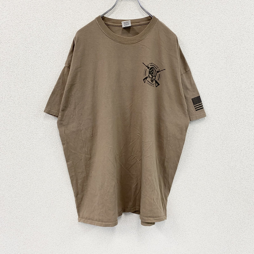 GILDAN　ギルダン　半袖プリントTシャツ　スカル　骸骨　星条旗　フェード　両面プリント　茶色　ブラウン　2XLサイズ
