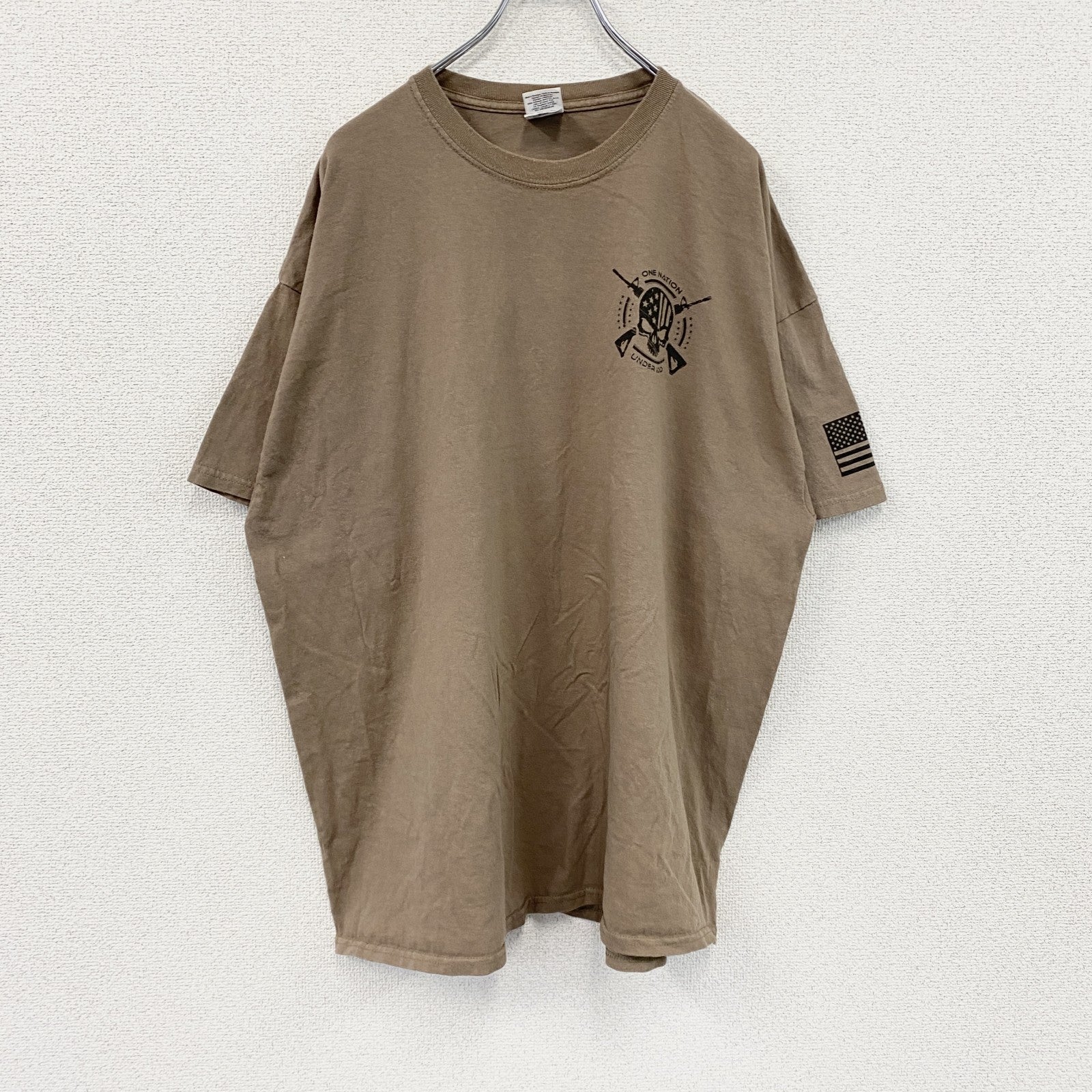 GILDAN　ギルダン　半袖プリントTシャツ　スカル　骸骨　星条旗　フェード　両面プリント　茶色　ブラウン　2XLサイズ