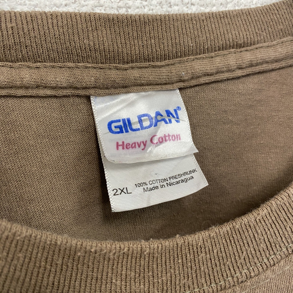 GILDAN　ギルダン　半袖プリントTシャツ　スカル　骸骨　星条旗　フェード　両面プリント　茶色　ブラウン　2XLサイズ