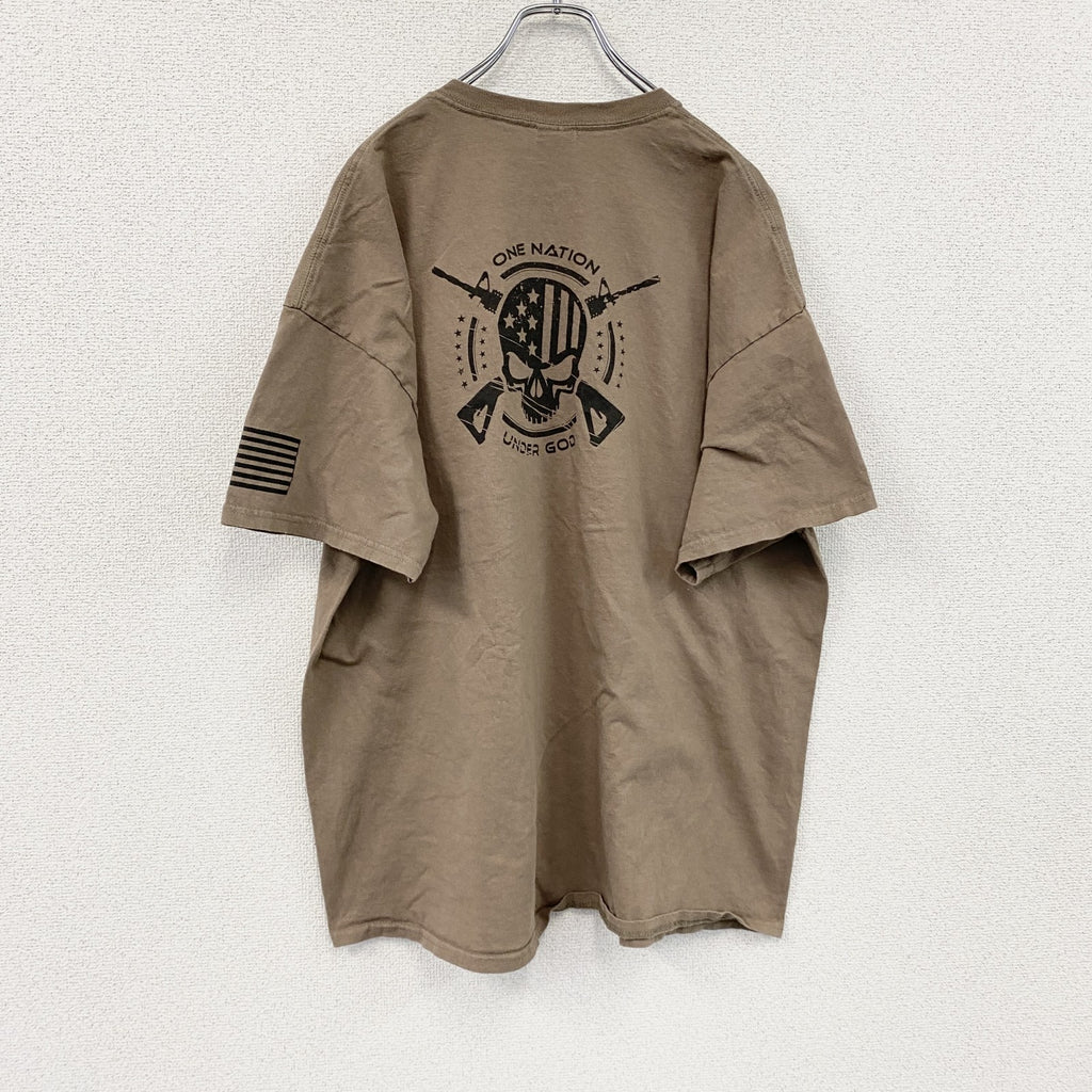 GILDAN　ギルダン　半袖プリントTシャツ　スカル　骸骨　星条旗　フェード　両面プリント　茶色　ブラウン　2XLサイズ