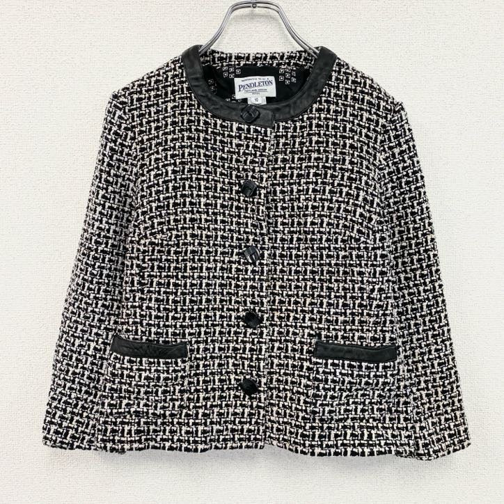 ～00s　PENDELTON　ペンドルトン　ノーカラーツイードジャケット　レザー切替　シルク95％　モノクロ