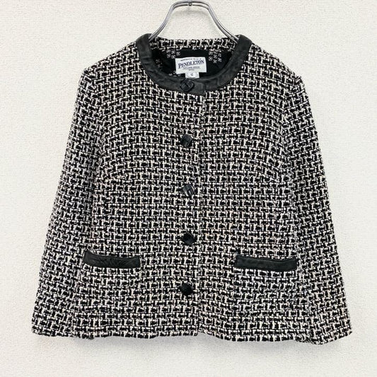 ～00s　PENDELTON　ペンドルトン　ノーカラーツイードジャケット　レザー切替　シルク95％　モノクロ
