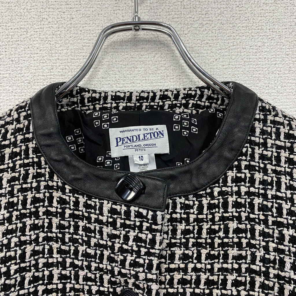 ～00s　PENDELTON　ペンドルトン　ノーカラーツイードジャケット　レザー切替　シルク95％　モノクロ
