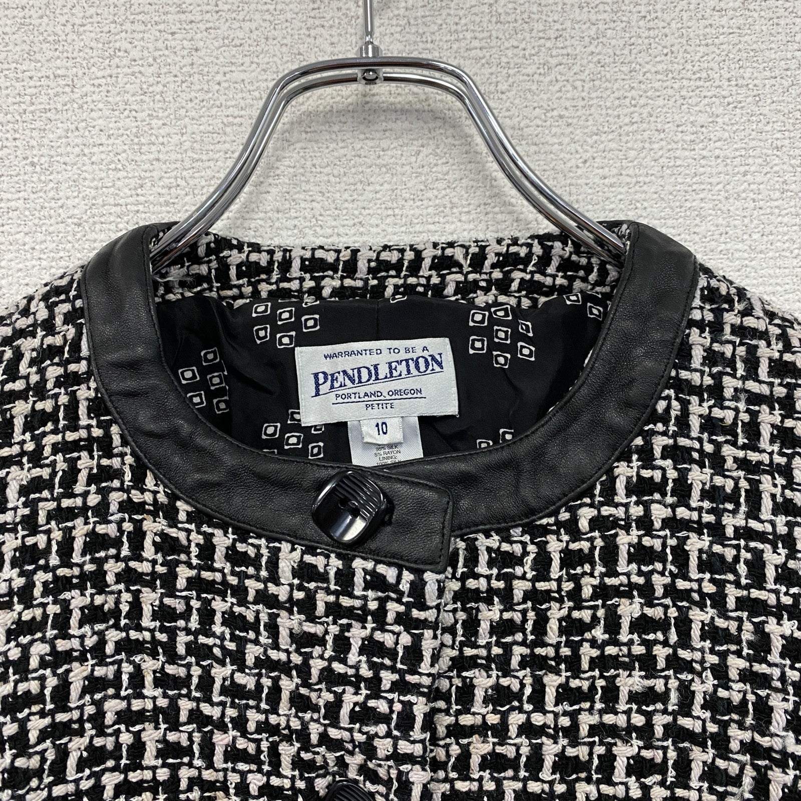 ～00s　PENDELTON　ペンドルトン　ノーカラーツイードジャケット　レザー切替　シルク95％　モノクロ