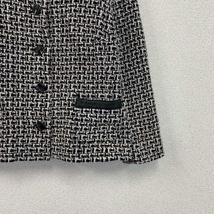 ～00s　PENDELTON　ペンドルトン　ノーカラーツイードジャケット　レザー切替　シルク95％　モノクロ