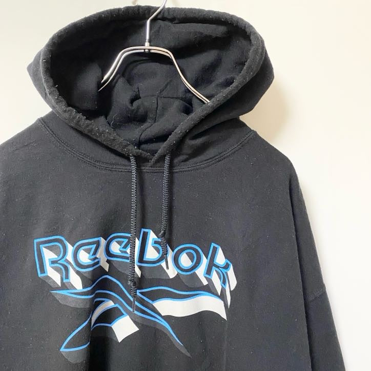 古着 used　Reebok リーボック　長袖ビッグロゴデザインパーカー　フーディー　バイカラー　黒　XＬサイズ