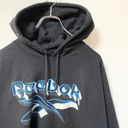 古着 used　Reebok リーボック　長袖ビッグロゴデザインパーカー　フーディー　バイカラー　黒　XＬサイズ