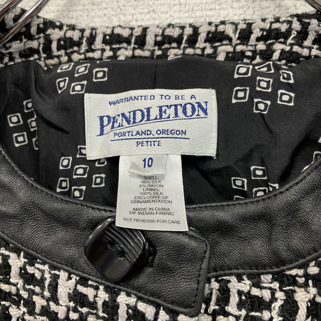 ～00s　PENDELTON　ペンドルトン　ノーカラーツイードジャケット　レザー切替　シルク95％　モノクロ