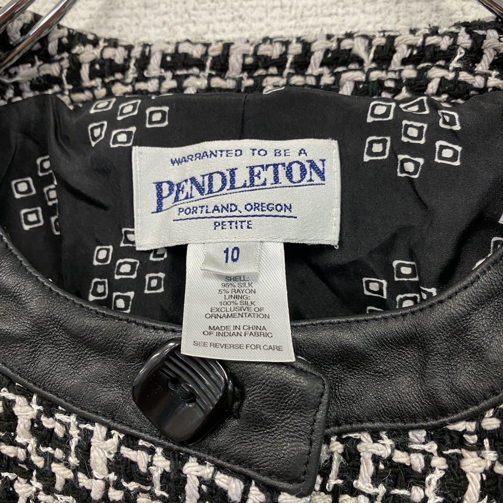 ～00s　PENDELTON　ペンドルトン　ノーカラーツイードジャケット　レザー切替　シルク95％　モノクロ