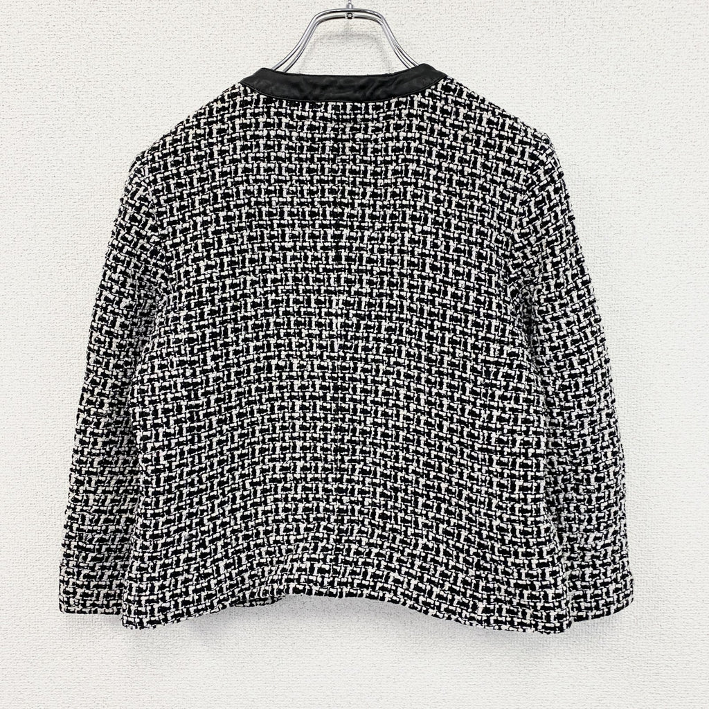 ～00s　PENDELTON　ペンドルトン　ノーカラーツイードジャケット　レザー切替　シルク95％　モノクロ