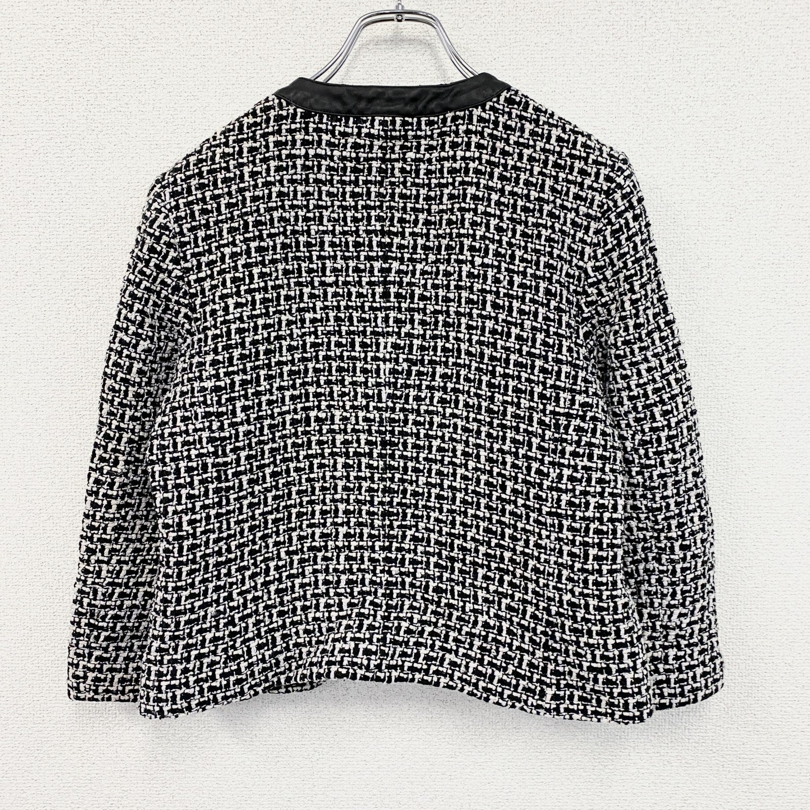 ～00s　PENDELTON　ペンドルトン　ノーカラーツイードジャケット　レザー切替　シルク95％　モノクロ