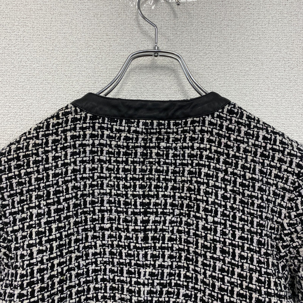 ～00s　PENDELTON　ペンドルトン　ノーカラーツイードジャケット　レザー切替　シルク95％　モノクロ