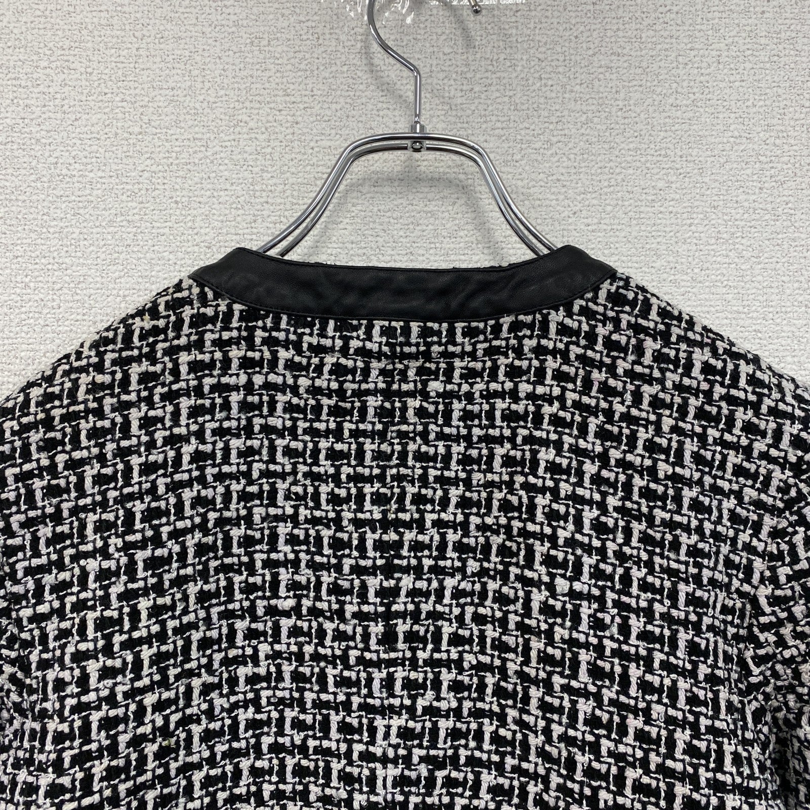 ～00s　PENDELTON　ペンドルトン　ノーカラーツイードジャケット　レザー切替　シルク95％　モノクロ