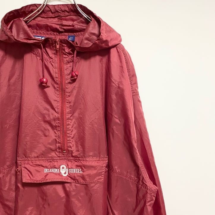 古着 used　CRABLE SPORTSWEAR　長袖ハーフジップ刺繍ナイロンジャケット　赤　ビッグシルエット　2XLサイズ