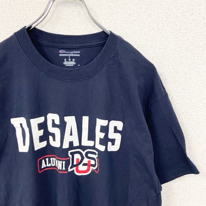 古着 used　Champion チャンピオン　半袖カレッジプリントTシャツ　DESALES デサレス　紺　ネイビー　Lサイズ