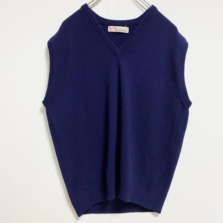 古着 used　80s　Barrie　Vネック無地ニットベスト　薄手セーター　ネイビー　紺　ヴィンテージ　vintage　レトロ