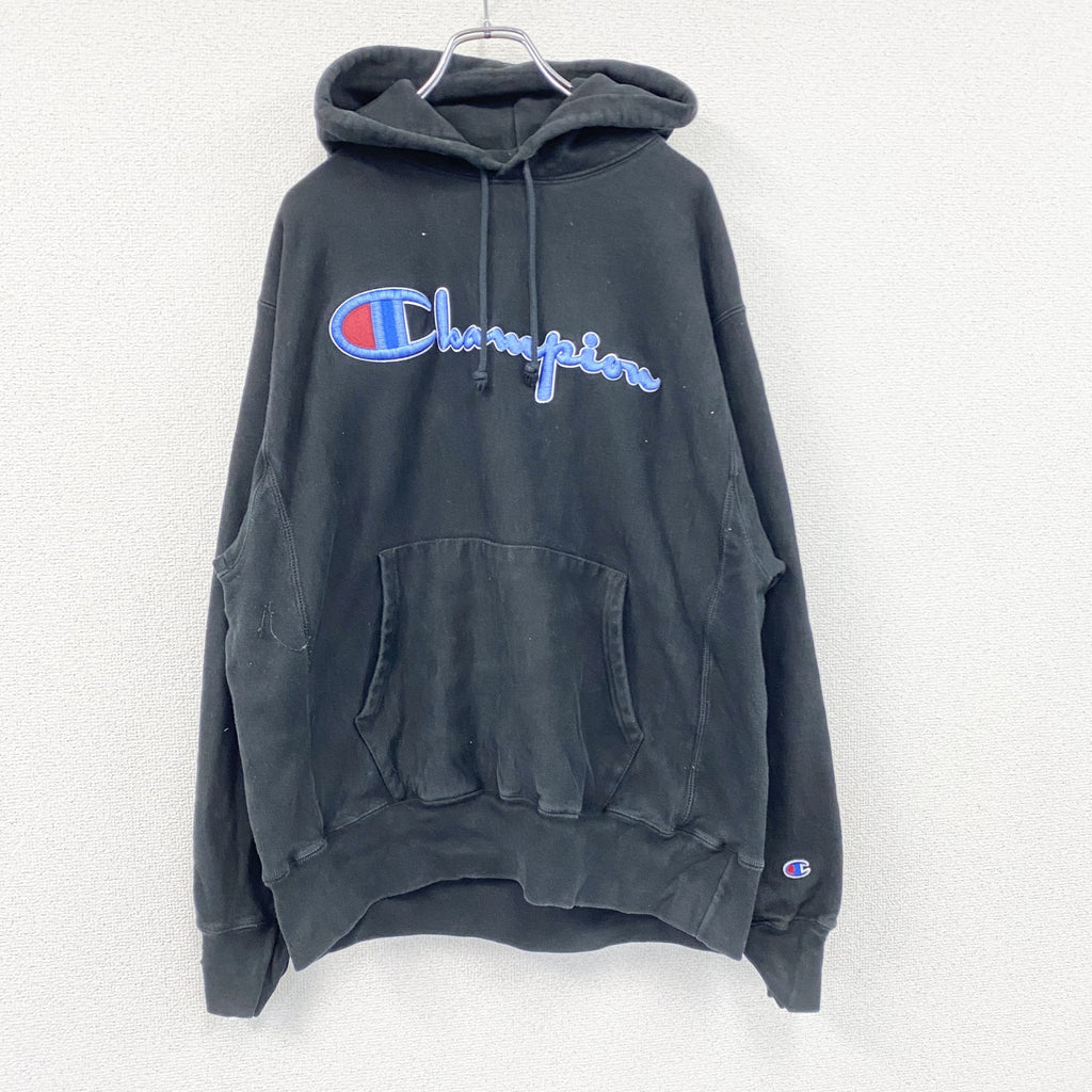 Champion　チャンピオン　リバースウィーブ　スウェットパーカー/フーディー　刺繍ロゴ　デカロゴ　現行　黒　ブラック　Lサイズ