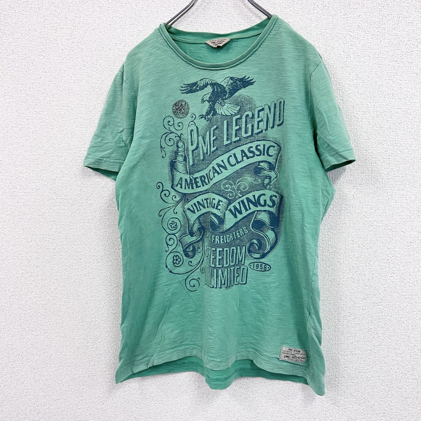 PME LEGEND　半袖プリントアニマルTシャツ　アーチプリント　英字プリント　鷹　三角タグ　緑　グリーン　Lサイズ