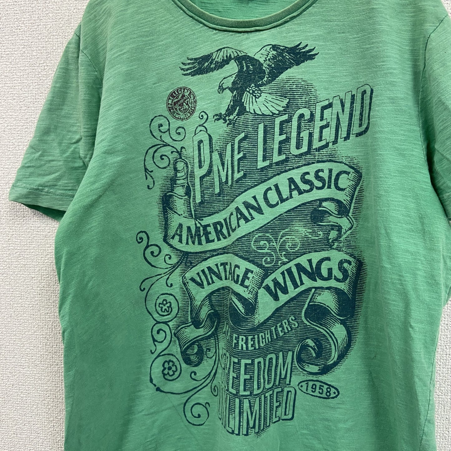 PME LEGEND　半袖プリントアニマルTシャツ　アーチプリント　英字プリント　鷹　三角タグ　緑　グリーン　Lサイズ