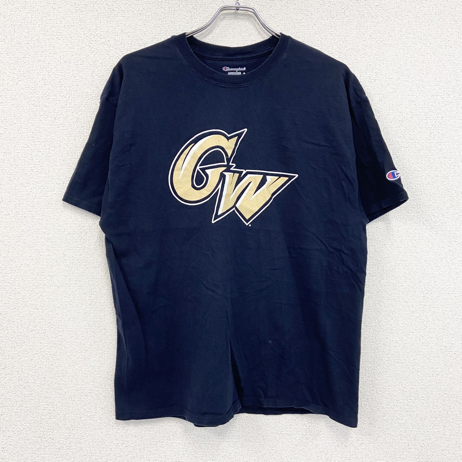 Champion　チャンピオン　半袖プリントTシャツ　デカロゴ　刺繍ロゴ　現行　紺　ネイビー　XLサイズ