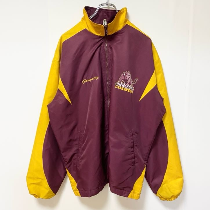 古着 used　22SPORTS　長袖ナイロンフルジップナイロンジャケット　レスリング　黄色　ワインレッド　Lサイズ