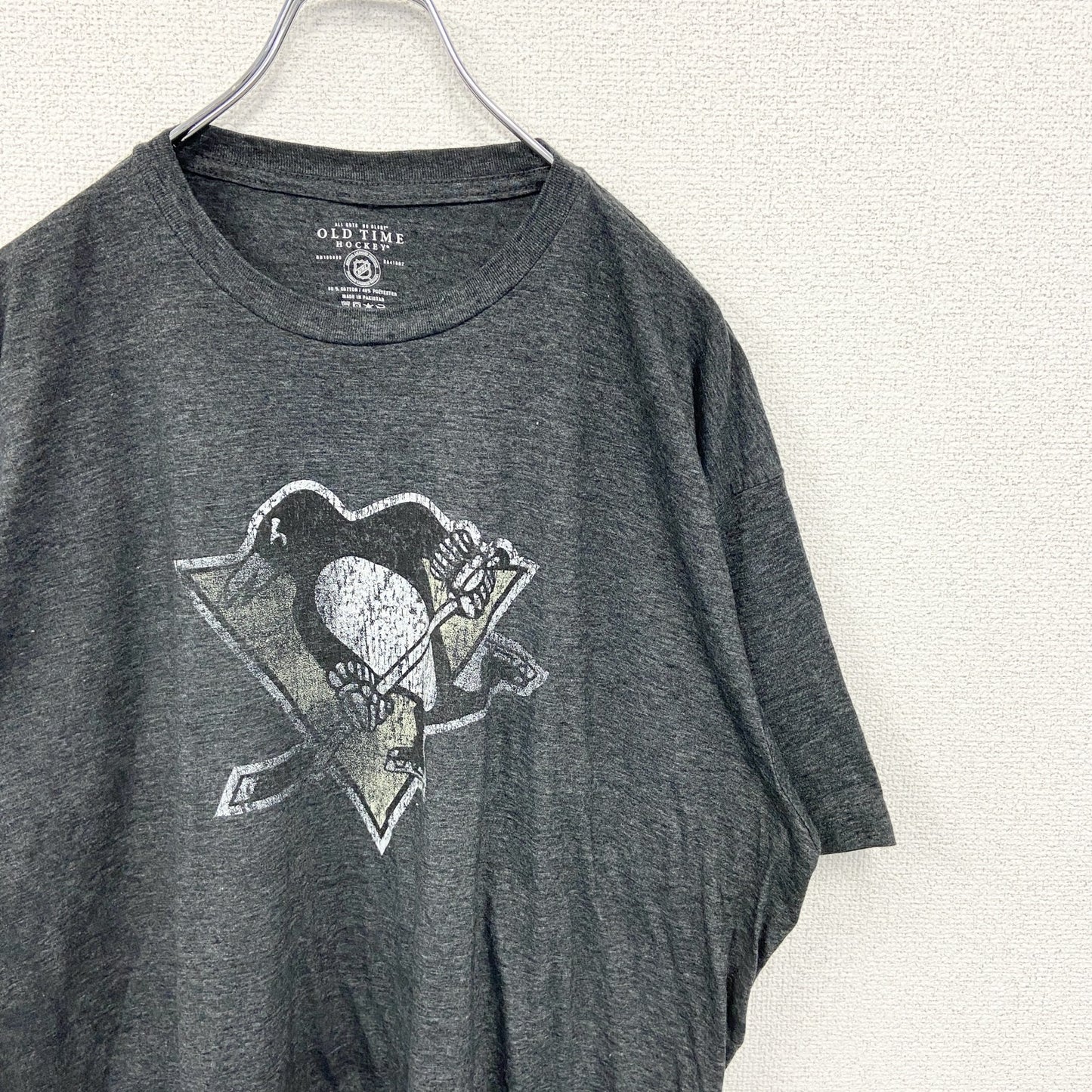 古着 used　OLD TIME　半袖ロゴプリントTシャツ　ピッツバーグ・ペンギンズ　ダークグレー　ビックシルエット　XXLサイズ