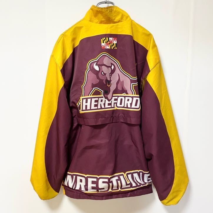 古着 used　22SPORTS　長袖ナイロンフルジップナイロンジャケット　レスリング　黄色　ワインレッド　Lサイズ