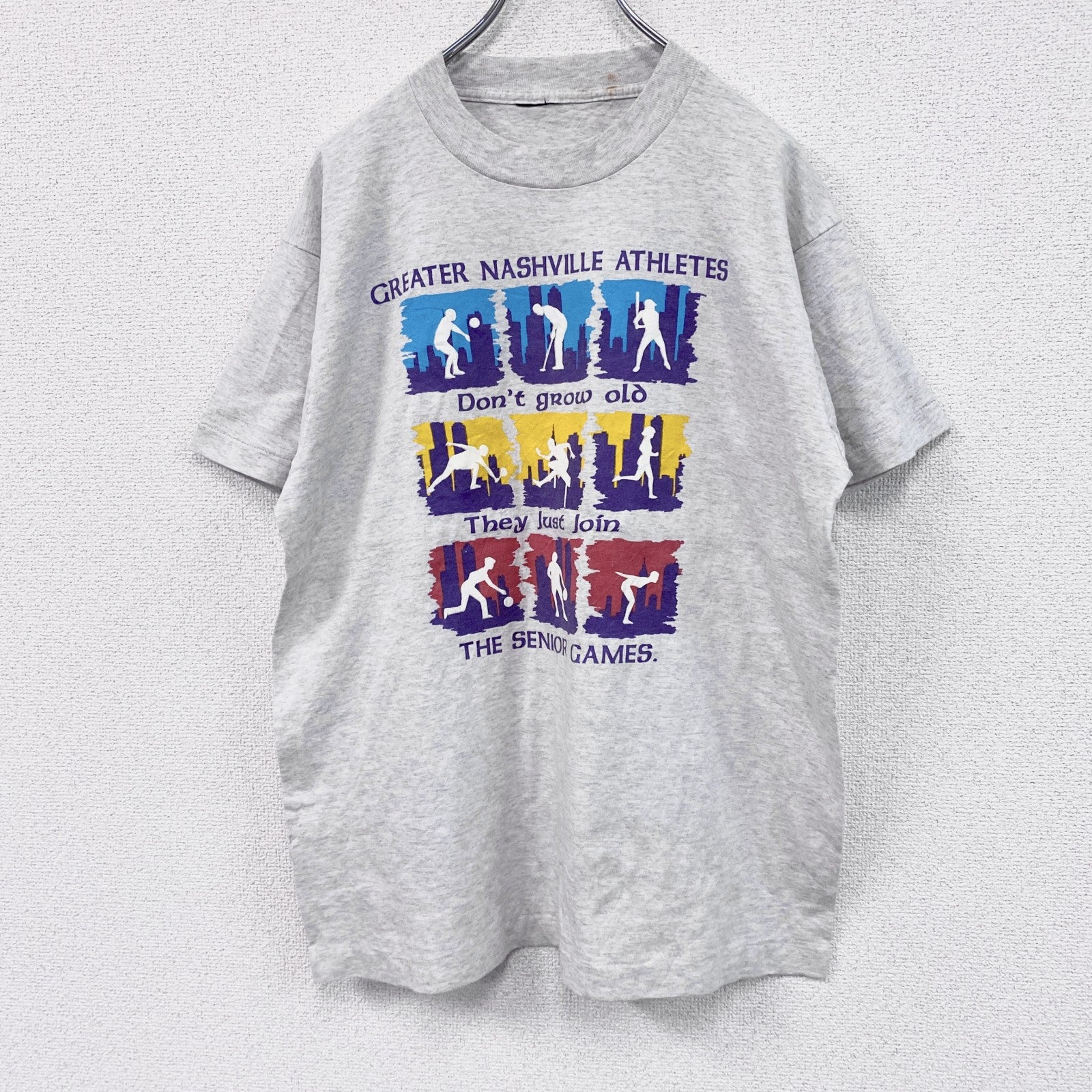 ～90s　半袖プリントTシャツ　シングルステッチ　ヴィンテージ　スポーツ　灰色　グレー
