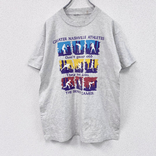 ～90s　半袖プリントTシャツ　シングルステッチ　ヴィンテージ　スポーツ　灰色　グレー