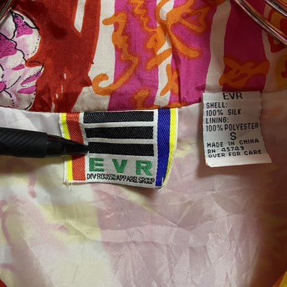 ～90s　EVR　総柄シルクジャケット　花　ジップアップ　ハイネック　レトロ　ヴィンテージ　Sサイズ