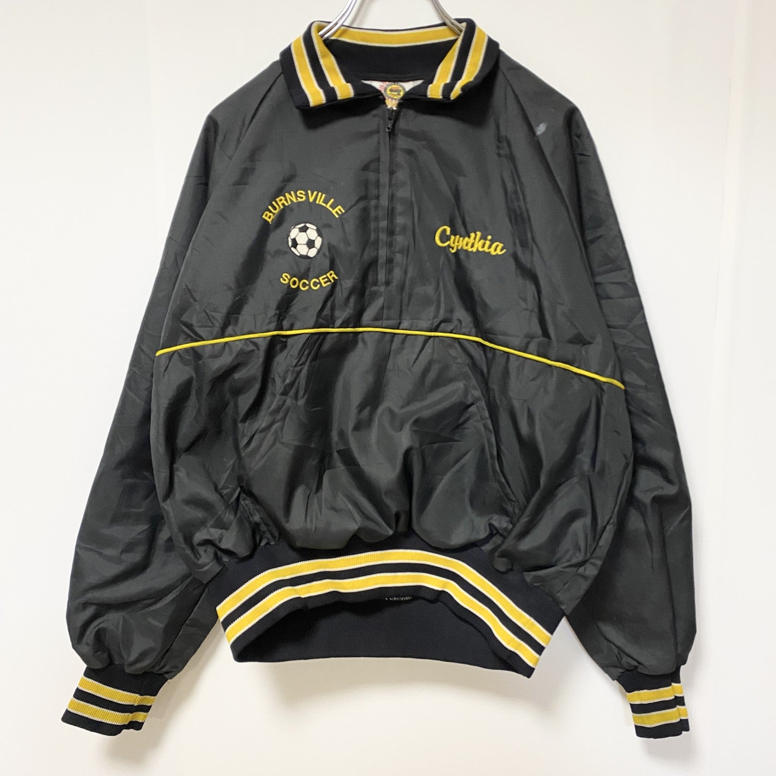 古着 used　USA製　長袖ハーフジップナイロンスタジャン　シャツカラー　リブライン　サッカー　黒　ヴィンテージ　Lサイズ