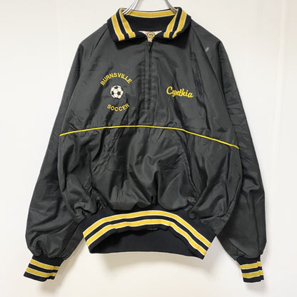 古着 used　USA製　長袖ハーフジップナイロンスタジャン　シャツカラー　リブライン　サッカー　黒　ヴィンテージ　Lサイズ